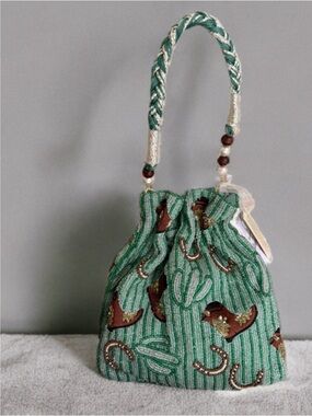 Green Beaded Drawstring Mini Bag with Braided Handle